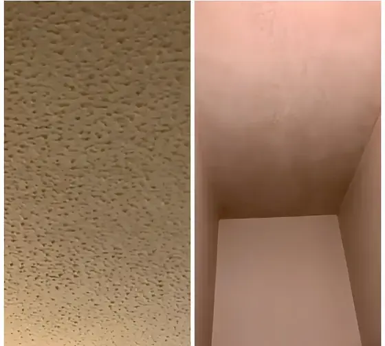 Textured Artex ceiling beside the same ceiling skimmed smooth, shown side by side