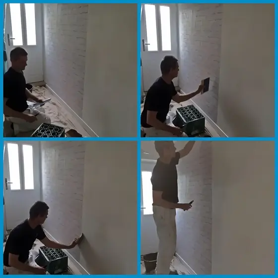 Four-step collage of a decorator hanging and smoothing white brick-effect wallpaper in a hall