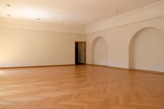 An empty room with a herringbone parquet floor