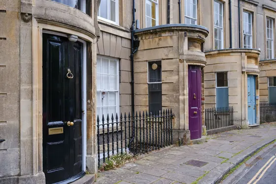 A row of painted front doors on a British terrace